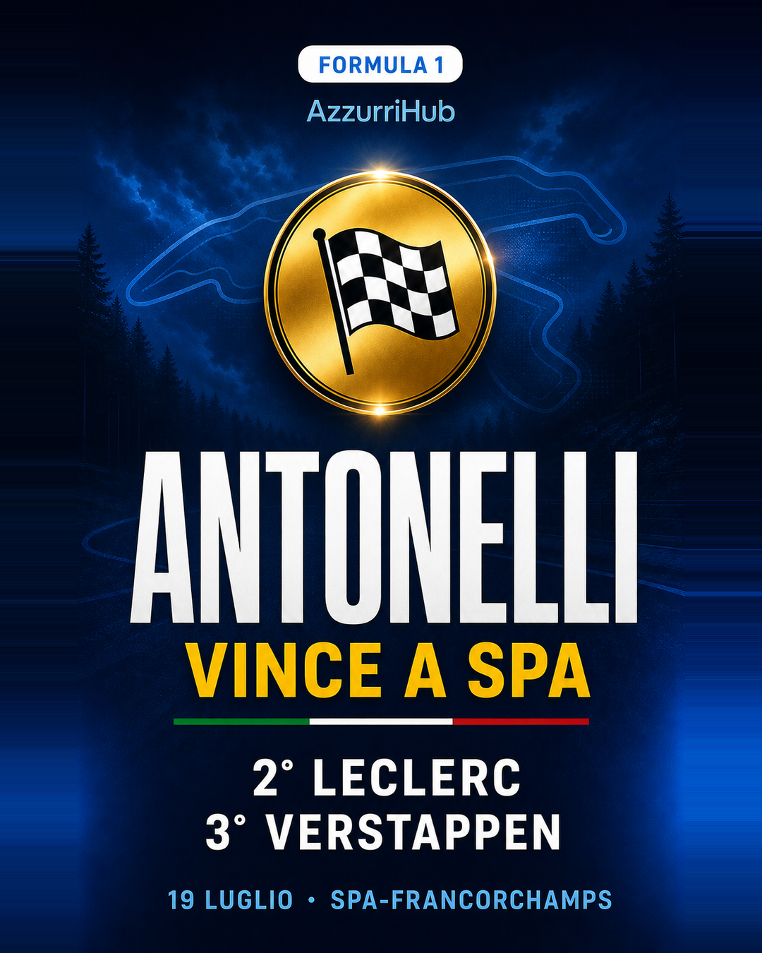 Antonelli vince il GP del Belgio 2026 a Spa: podio con Leclerc e Verstappen