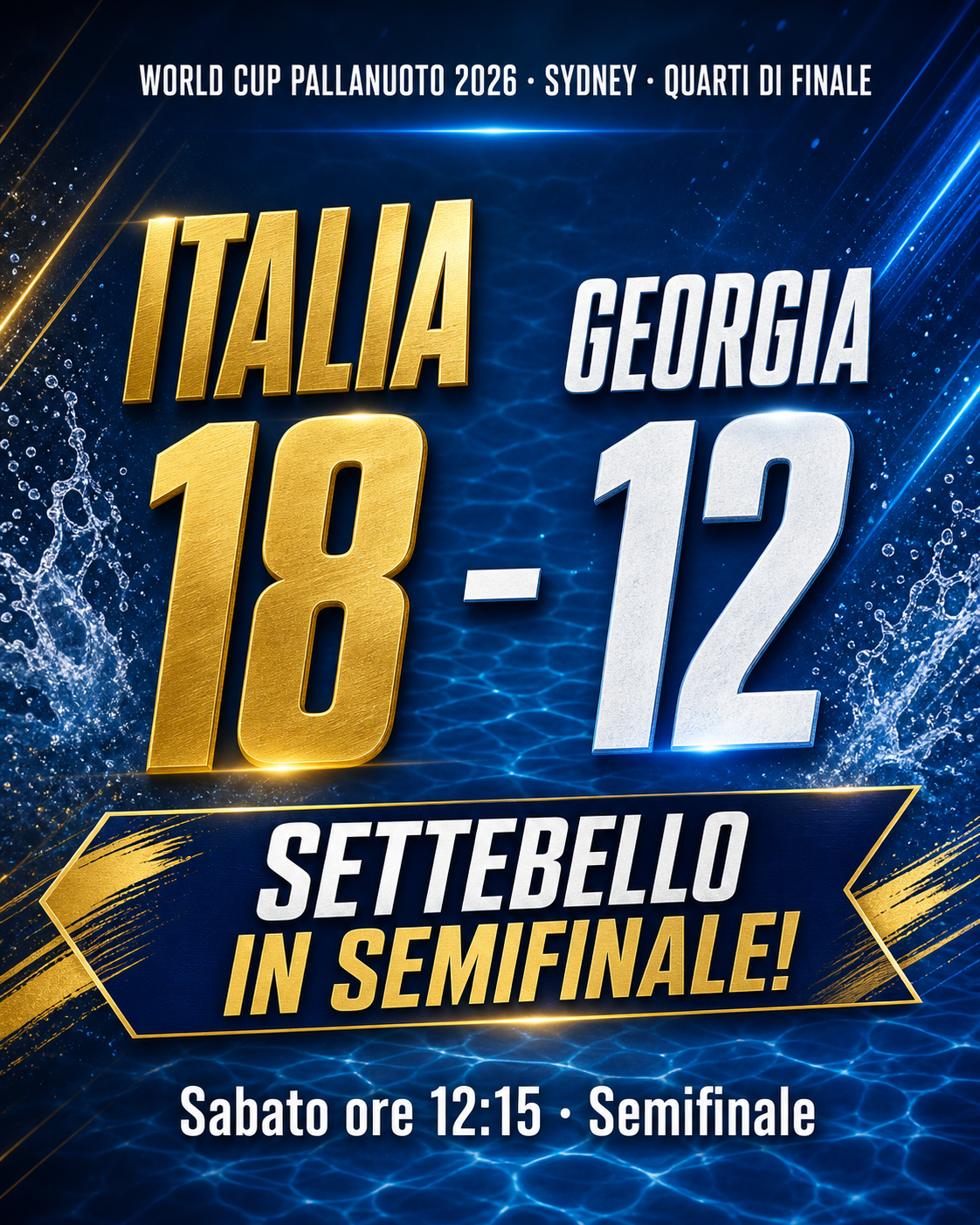 Italia-Georgia 18-12 — Quarti di finale, World Cup pallanuoto 2026, Sydney. Settebello in semifinale