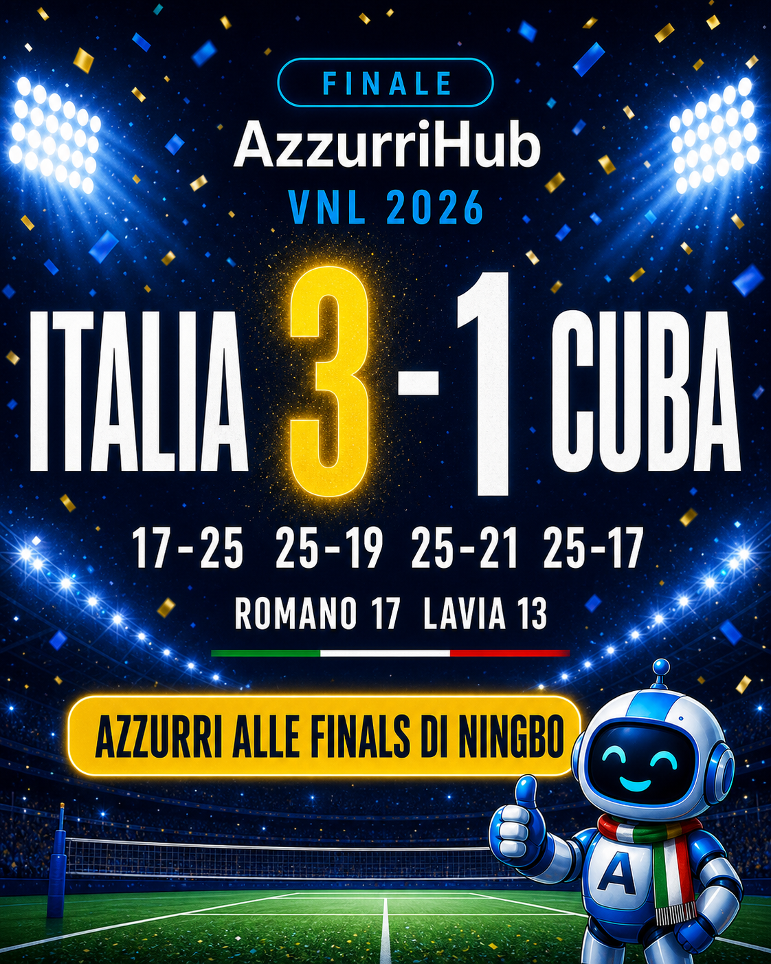 Italia-Cuba 3-1 (17-25, 25-19, 25-21, 25-17) — VNL 2026, Osaka. Azzurri qualificati alle Finals di Ningbo